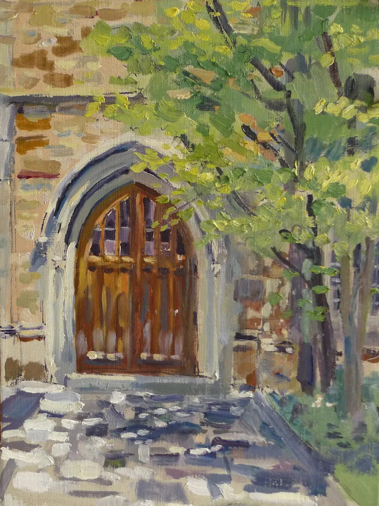 Matthew Lee- "The Magic Door at Idlewild" 9 x 12 Oil. Idlewild and Rhodes College are made from the same stone quarry. I love the robustness of this old door, it tells of a different time and place, who knows what you will find beyond it?