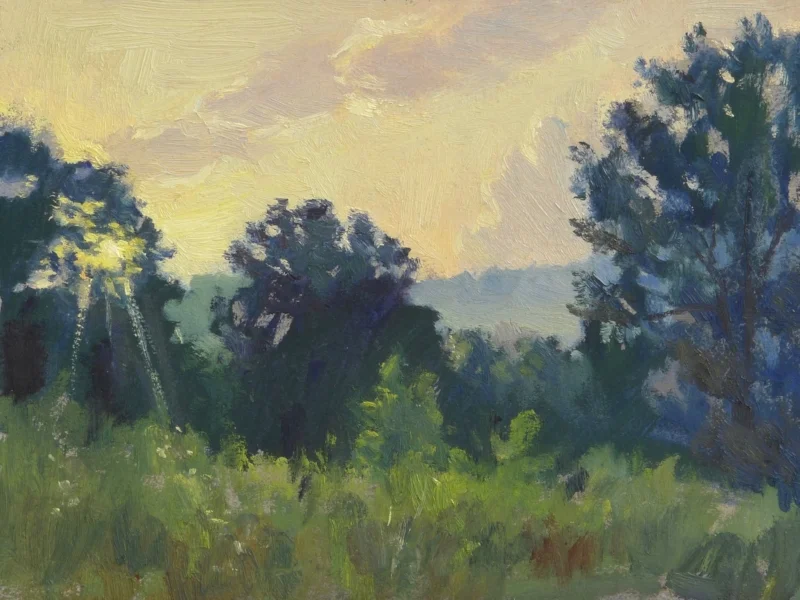 Kentucky Sunrise. I painted this on location near Berea, KY. I was attending a workshop there on how to build “timber frame” houses…. and got up early to paint before the workshop. 9x12 inches, oil on linen.