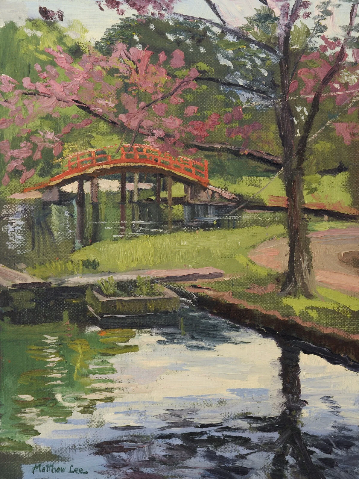 The Red Bridge, surrounded usually by Geese, Ducks, and Koi Fish. A popular place for children of all ages. 12x16 inches oil on linen.