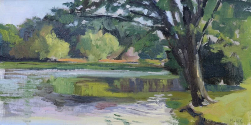 Audubon Lake side of the Memphis Botanic Gardens. 8x16 Oil on linen.