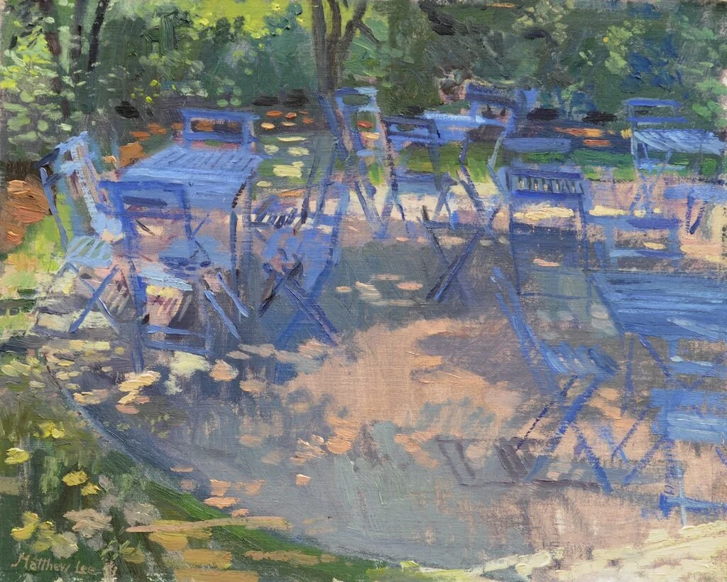 Blue Chairs in Dappled Light.  16x20 in. oil.  Created on location in the Dixon Gardens.