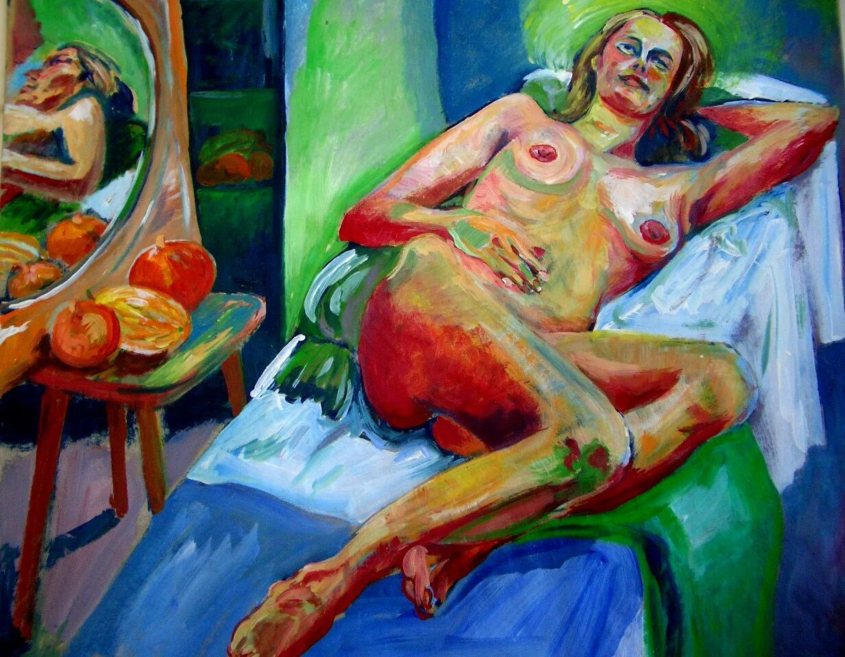 "Eva-Maria mit Spiegel" - 69cm x 81cm Ei-Öltempera auf Papier