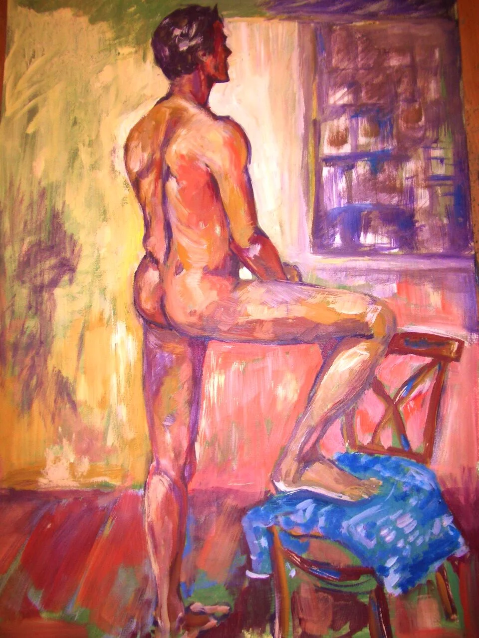 "Mann mit Stuhl" - 70cm x 50cm Ei-Öltempera auf Papier