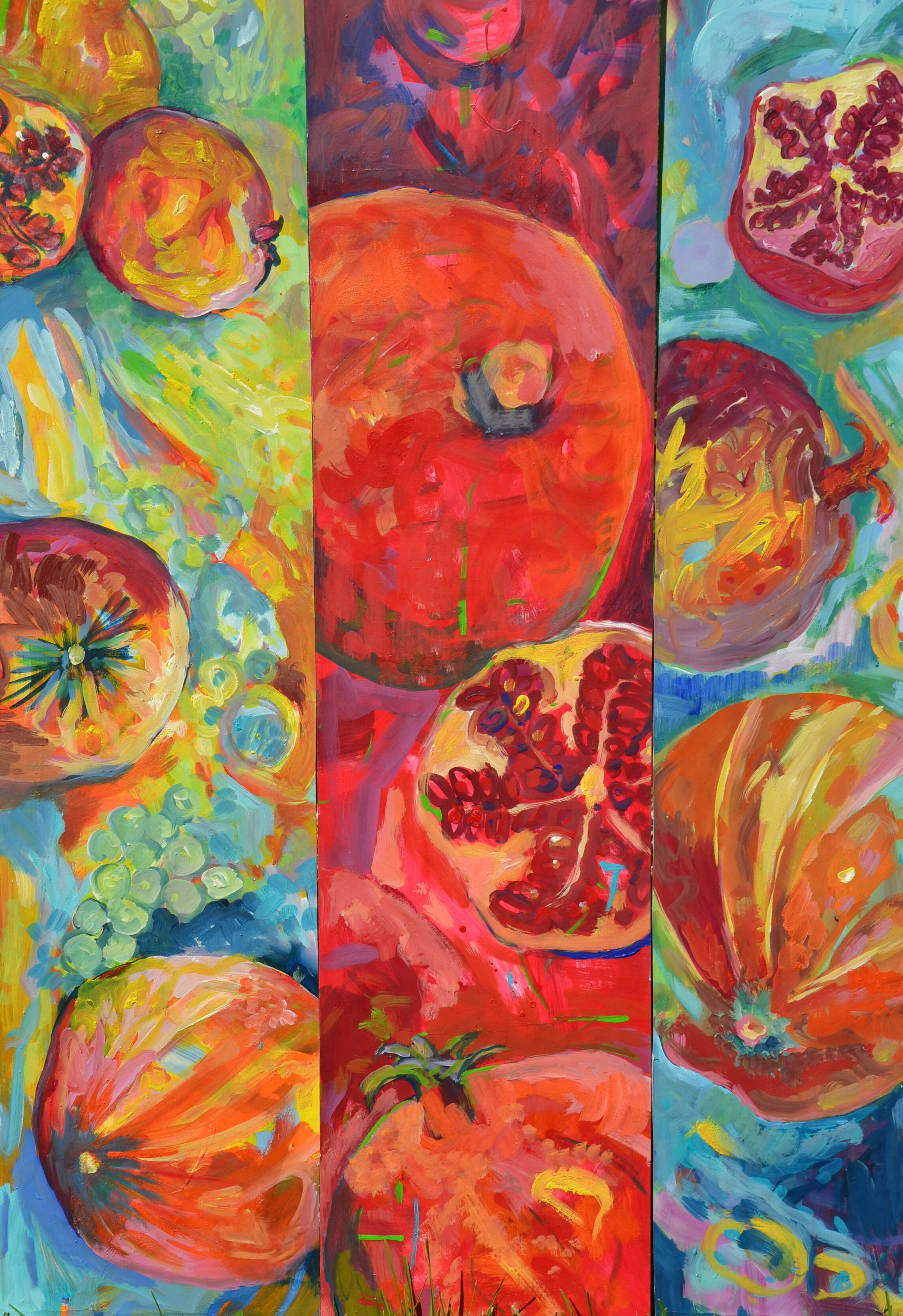 "Granatäpfel-Triptichon" - 3 x 100cm x 24cm Ei-Öltempera auf Papier