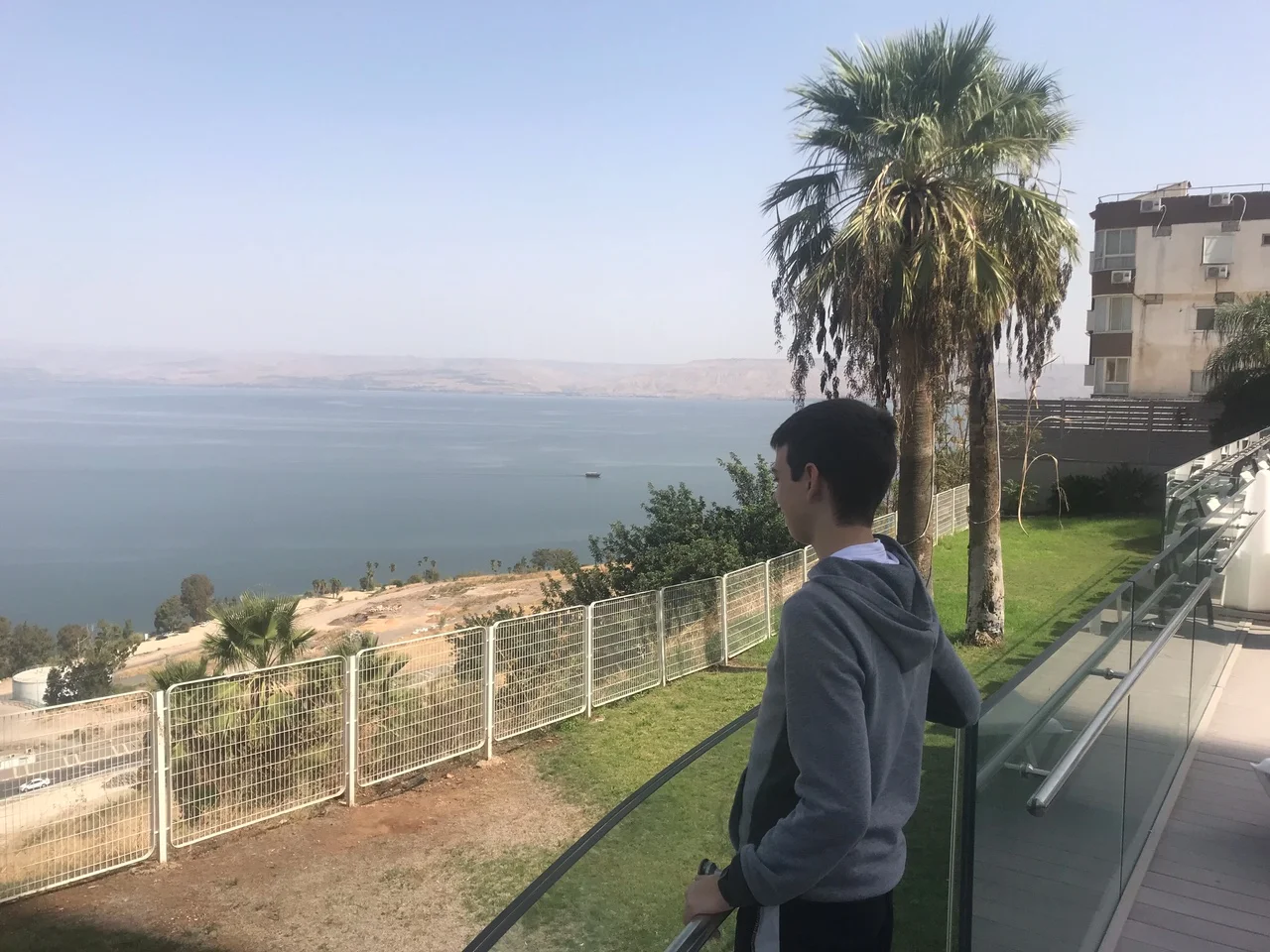 Jack Gilbert looking out on the Sea of Galilee from his hotel room