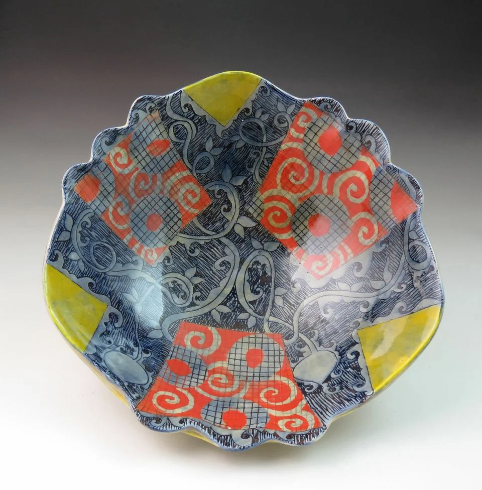 Adero Willard, Persian rug- Large bowl, 2013, 11 x 3.5 in.,underglazes, slips, glaze, cone 3 firing.