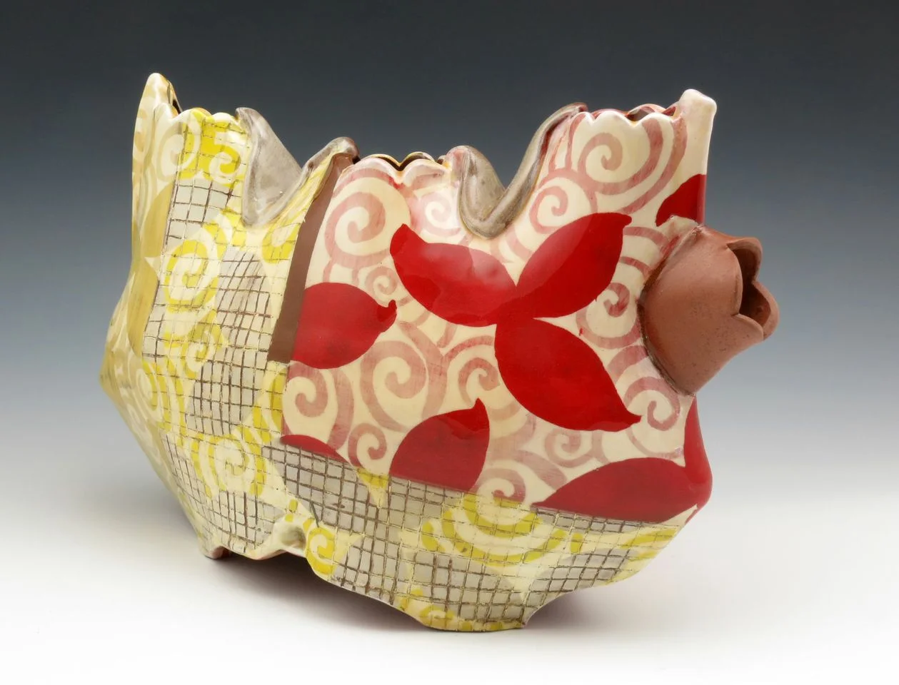 Adero Willard, Pleat, fold and gather- Flower form, 2014, 8.25x13x6.5 in., red earthenware, underglazes, slips, glaze, cone 3 firing.&nbsp;