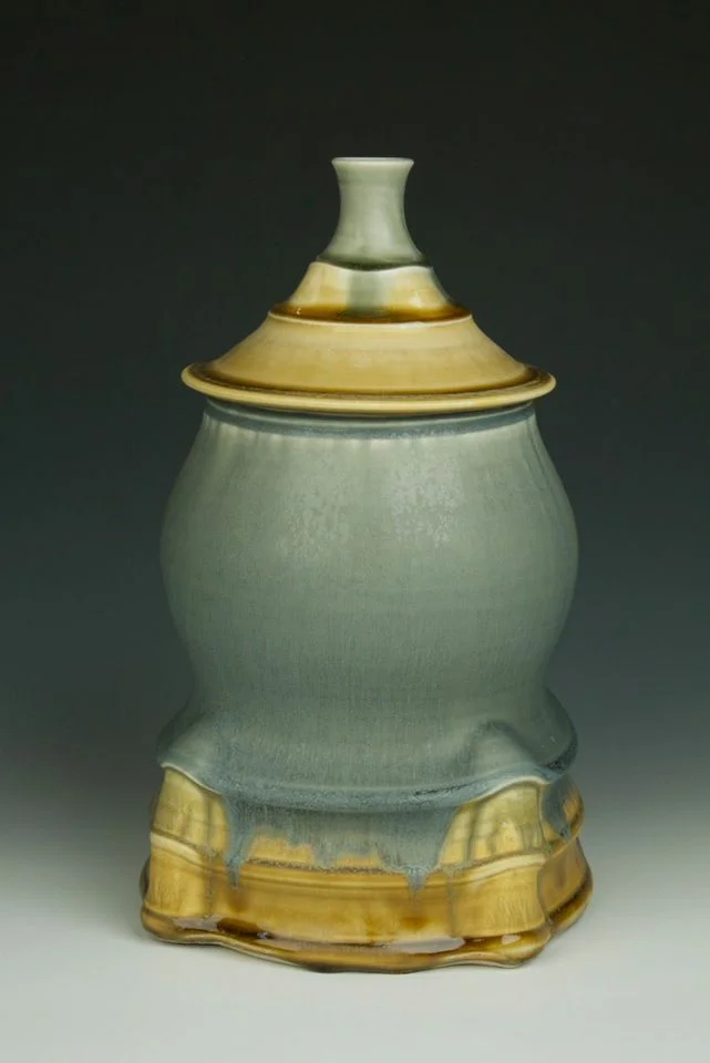 Aysha Peltz, Lidded Jar, H: 11" x D: 7", Porcelain, Wheel thrown, wet altered, oxidation fired, 2013