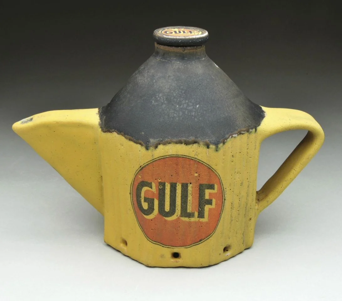 Dan Anderson, GULF pouring pot, 2013, Stoneware, thrown, faceted, pierced and altered into an octagon Soda fired and decal fired, 6” x 8 1/2” x 5 1/2” 