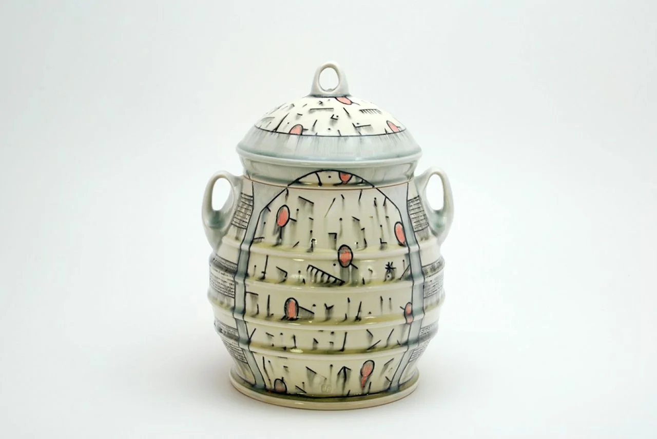 Doug Peltzman, Jar, 6.5”x7”x9.25”, High fired thrown porcelain with inlaid slip and glazes, fired to cone 8 in an electric kiln, 2014. 