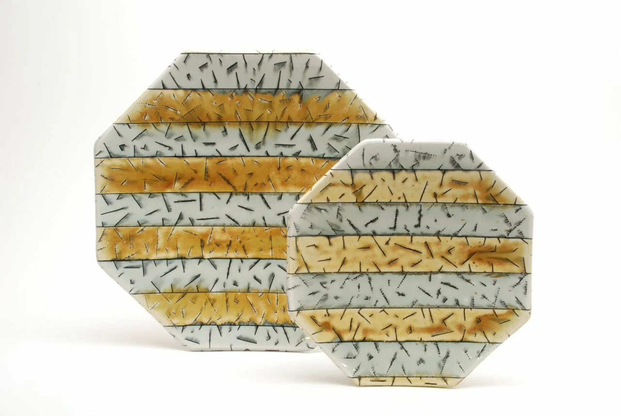 Doug Peltzman, Plates, 11.5”x11.5”x1.5” & 8.75”x8.75”x1.25”, High fired thrown porcelain with inlaid slip and glazes, fired to cone 8 in an electric kiln, 2014. 