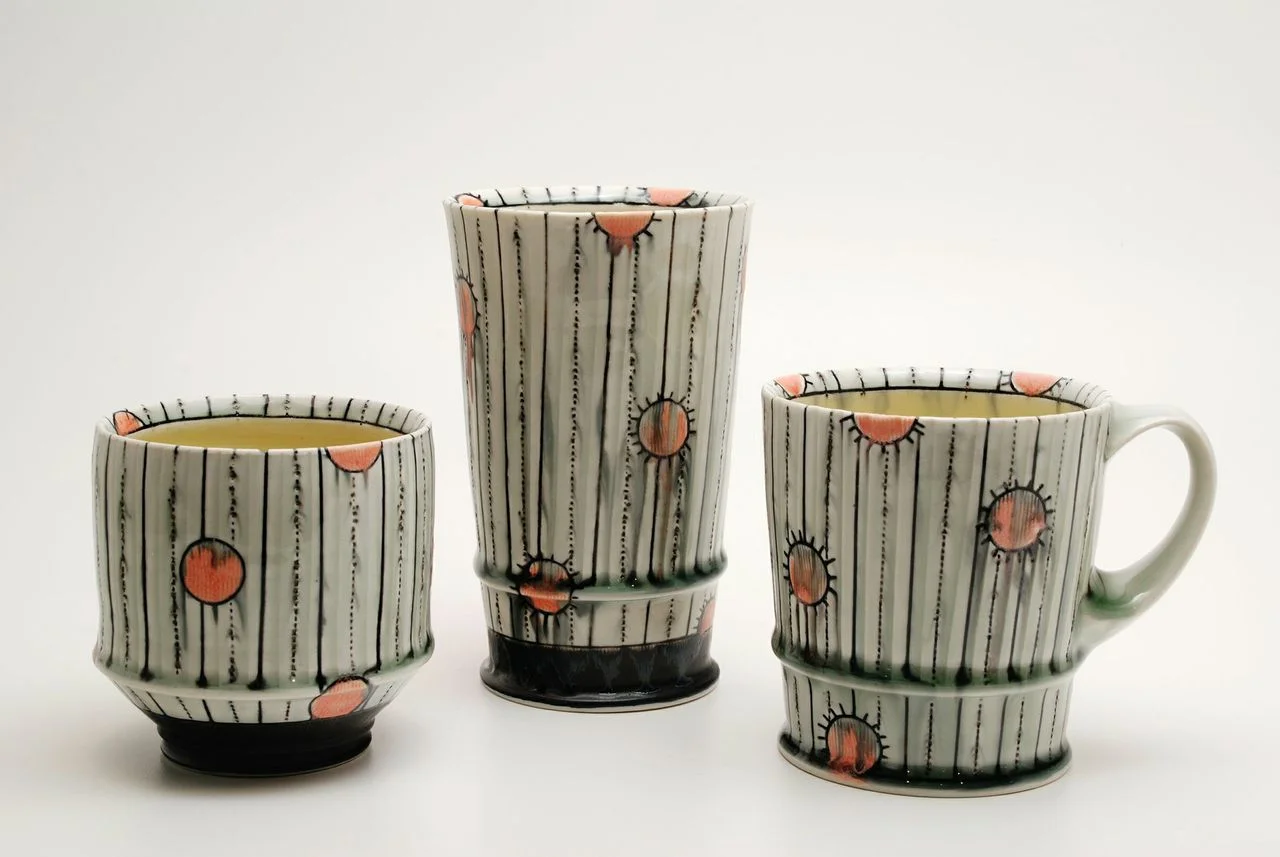 Doug Peltzman, Yunomi, Tumbler & Mug, 3.25”x3.25”x6” , ”, High fired thrown porcelain with inlaid slip and glazes, fired to cone 8 in an electric kiln, 2014. 