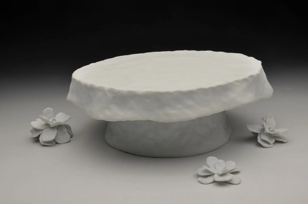 Ingrid Bathe, 6" Cake Stand with flowers, 3.5" x 6.25" x 6.25" porcelain, pinched, cone 10 reduction,2012 