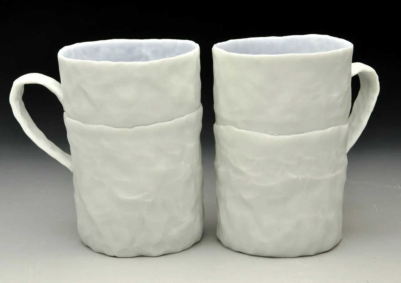  Ingrid Bathe, Mugs, 4" x 3" x 4.25", porcelain, pinched, cone 10 reduction, 2014 