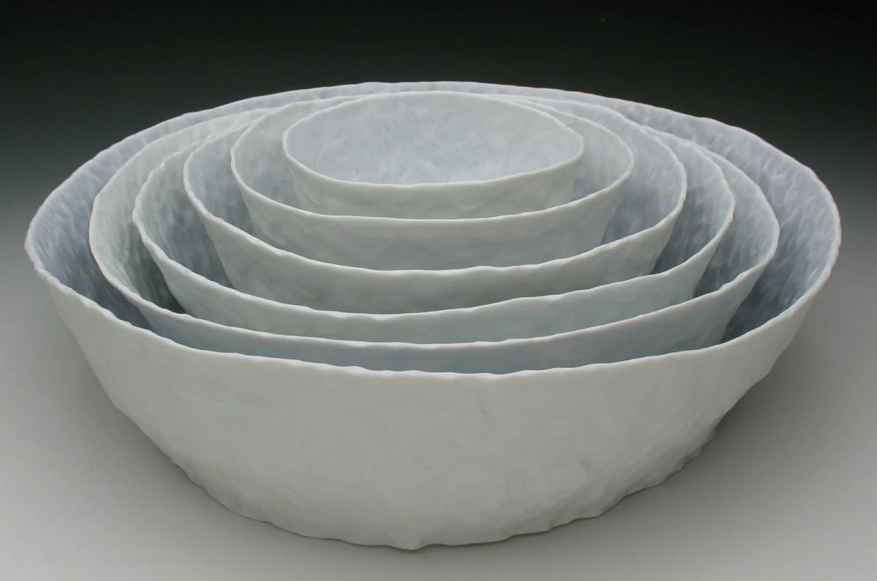 Ingrid Bathe, Serving Bowl Set (6 part) 5.5" x 16" x 16" ,porcelain, pinched, cone 10 reduction ,2013 