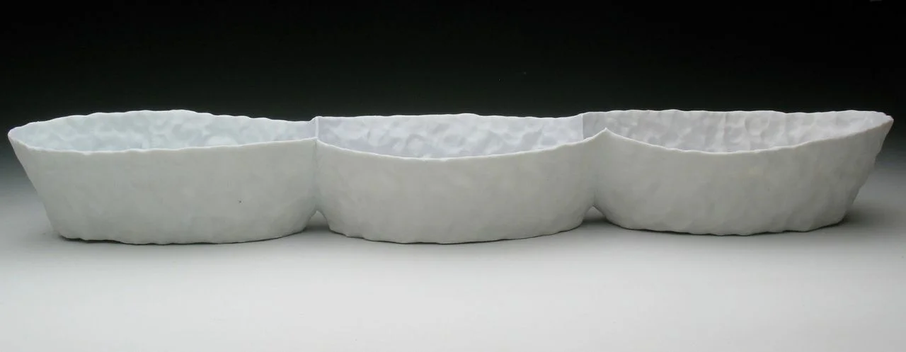 Ingrid Bathe, Serving dish (three part), 22" x 4" x 3", porcelain, pinched, cone 10 reduction, 2012