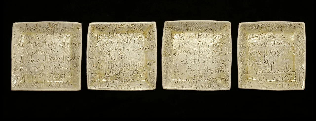 Mary Barringer,&nbsp;Four plates, 2012. Stoneware, handbuilt, with multiple slips and glaze, electric fired. Diam. 5 ½ in.&nbsp;