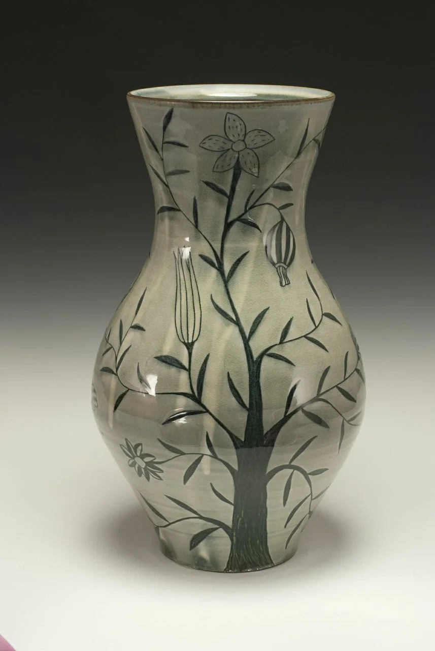 Matthew Metz, Vase, 16” h, x 10”dia. Black porcelaineous clay, wood fired, salt glazed, 2014