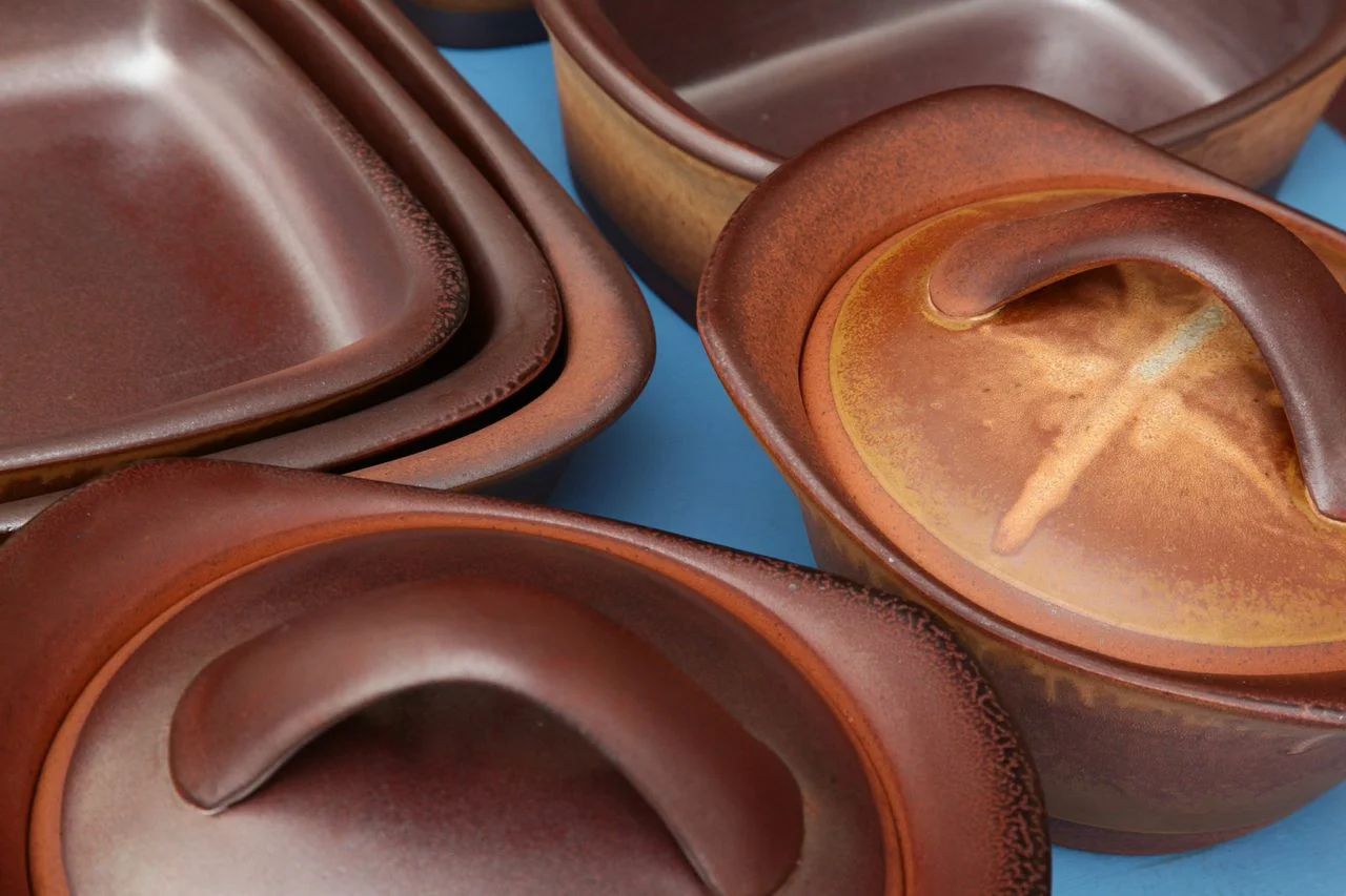 Robbie Lobell, Pots on Blue Table, highfire flameware cookware, thrown & altered, fired to cone 11, 2013 