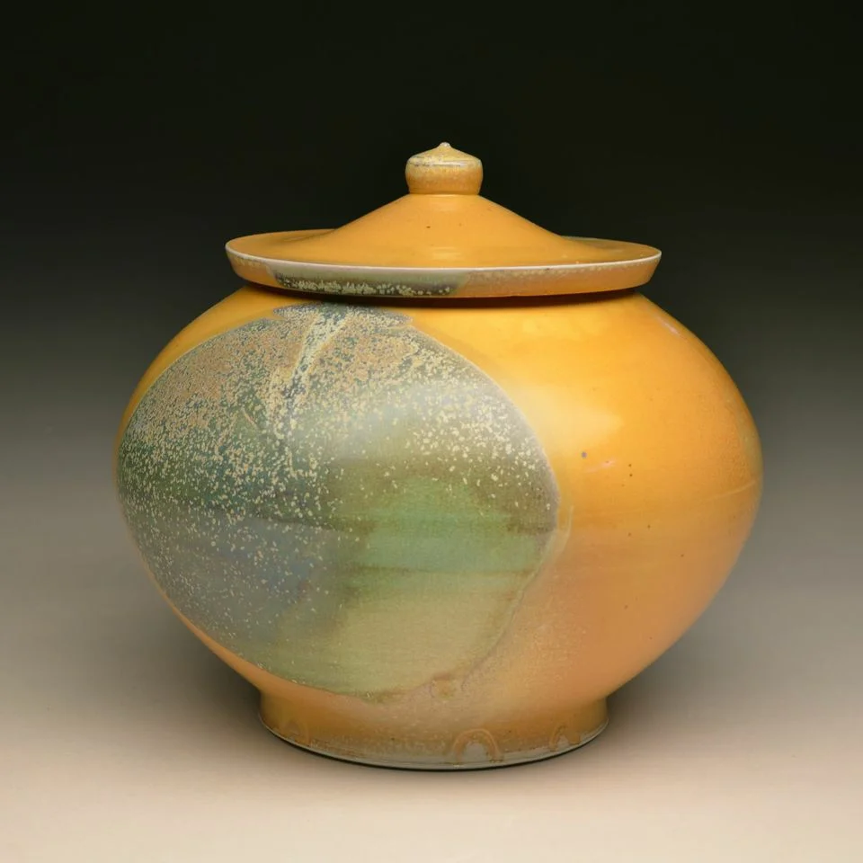 Tyler Gulden, Yellow Jar, 8.5x8”, porcelain, wheel thrown, applied slip and glaze, salt and soda fired, cone 11 - 2014 