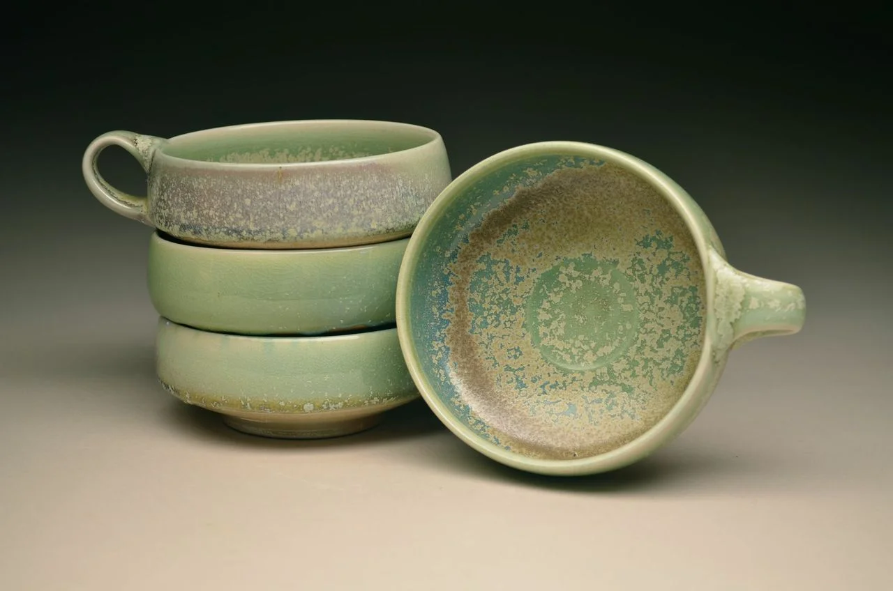 Tyler Gulden, Low Cup w/handle – 2.5 x 5 x 4.5”, porcelain, wheel thrown, salt and soda fired, cone 11 - 2014  