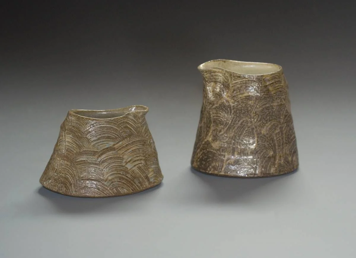 Mark Shapiro, Two Creamers, Tallest 4.5 "h, Wood-fired, salt-glazed stoneware with slip, wax and glaze. 2014 
