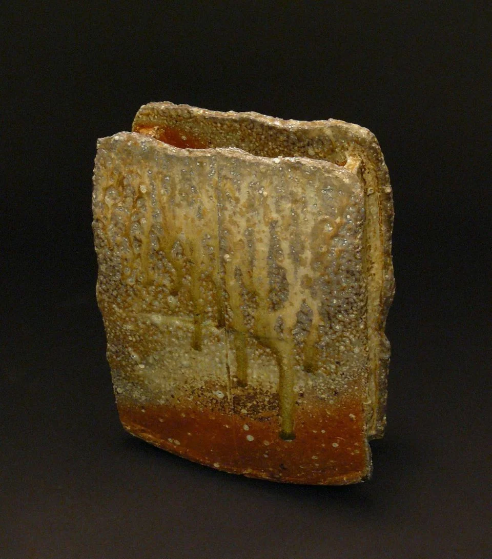 Judith Duff, Slab Vase, 2014. Shigaraki style clay, slab construction, wood fired to cone 12, natural ash surface.  h 9” x w 7” x d 3”