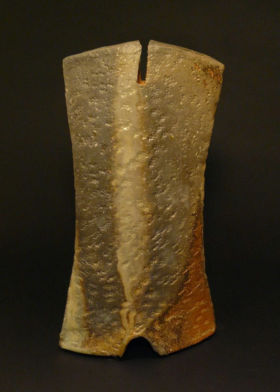 Judith Duff, “Ikebana Tower”, 2014. Porcelainous clay, slab construction, wood fired to cone 12, natural ash surface. h 15.5” x w 9.5” x d 3” 