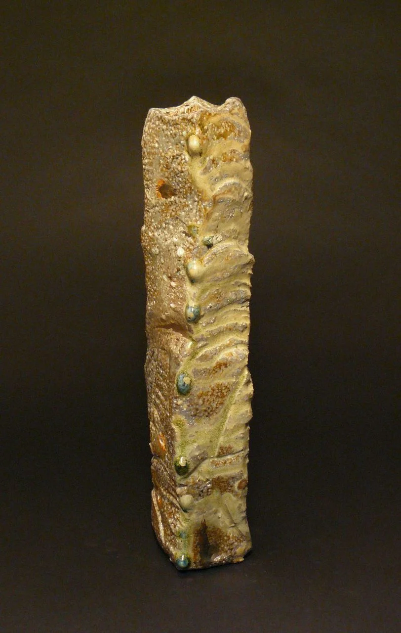 Judith Duff, “Tumble-stacked Vase”, 2014. Shigaraki style clay, slab construction, wood fired to cone 12, natural ash surface. h 14” x w 3” x d 3”