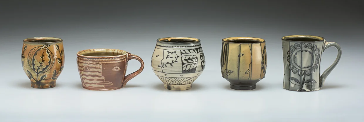 Matthew Metz, Group of cups, 2015, thrown porcelain, salt glazed, cone 10, 3.5-4''