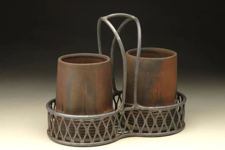 Ted Neal, Cup Set, 2013, iron rich stoneware and steel, wheel thrown and altered, wood fired cone 9