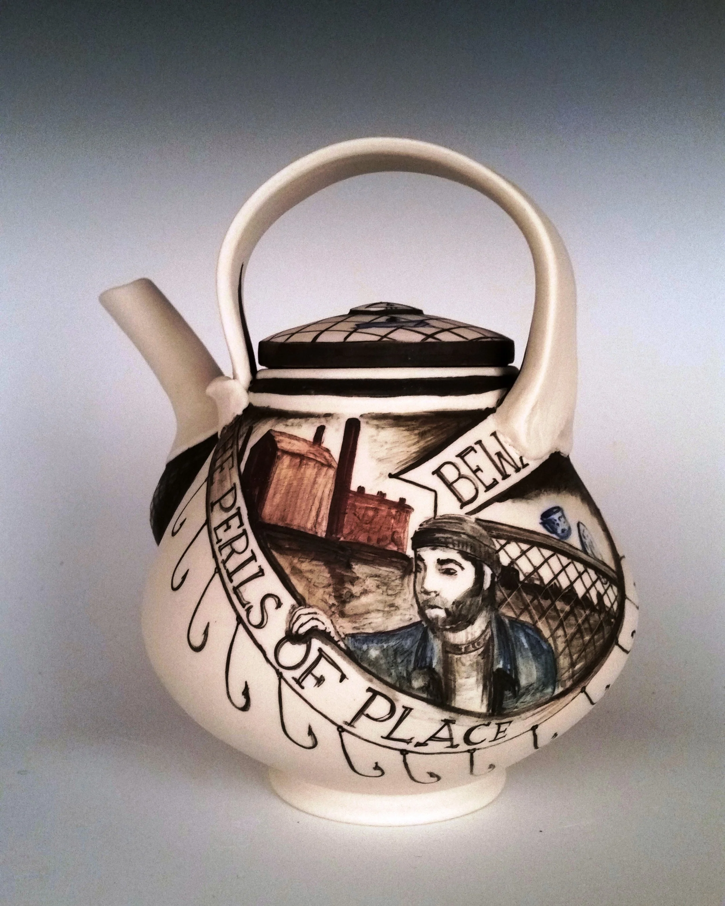 Seth Rainville, Perils of Place, 2015, Porcelain, cone 6 oxidation, slip and glaze, 7x6x4.5