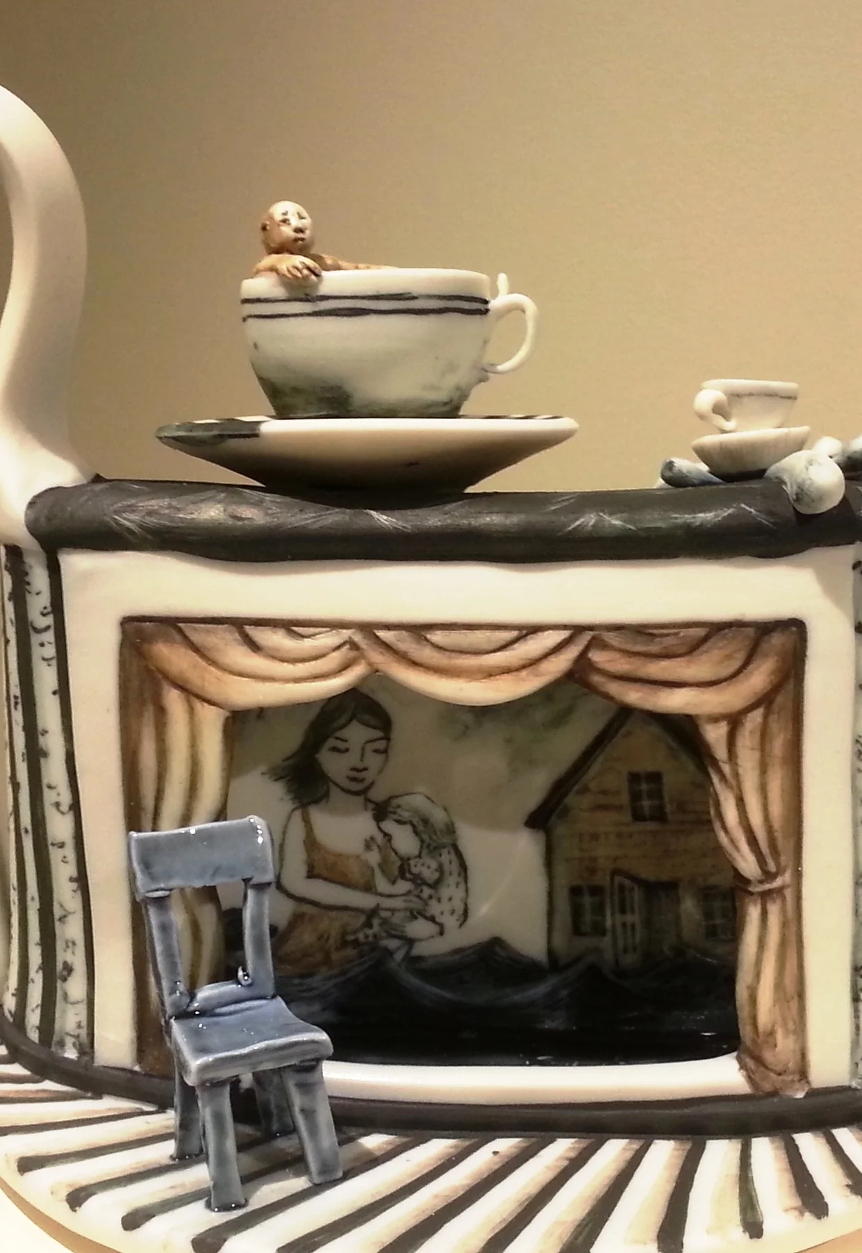 Seth Rainville, Theater Teapot Detail, 2014, Porcelain, cone 6 oxidation, slips and glazes, 9x14x5.75