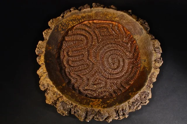 Rob Sieminski, Lava Bowl with coral interior, 2014, wood fired cone 11, ash, hand carved made from slabs, 4.5x14''