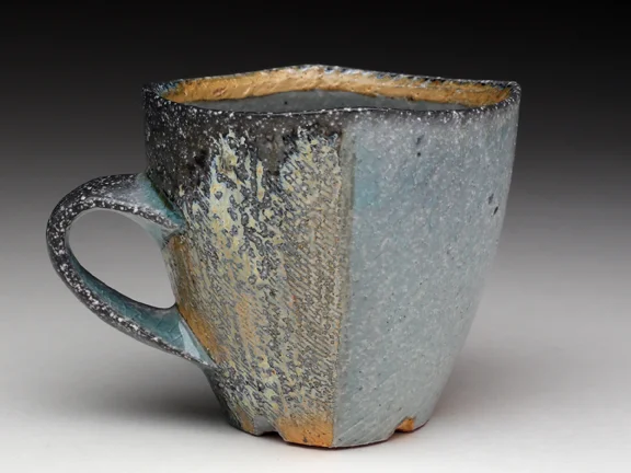 Bill Wilkey, One-Fingered Diner Mug, 2014, white stoneware, wheel thrown and altered, soda kiln cone 10, 4x4x3''