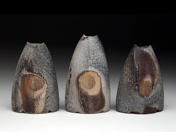 Bill Wilkey, Wild Flower Vase Trio, 2014, white stoneware, wheel thrown and altered, wood fired cone 10, 4x2.5x1.5''