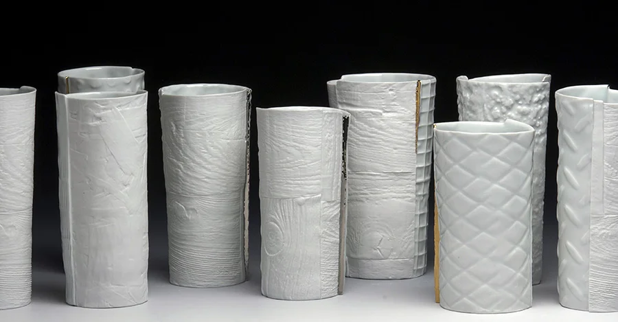 Bryan Hopkins, Cups, 2015, porcelain, luster, cast, cone 10, 8'' tall