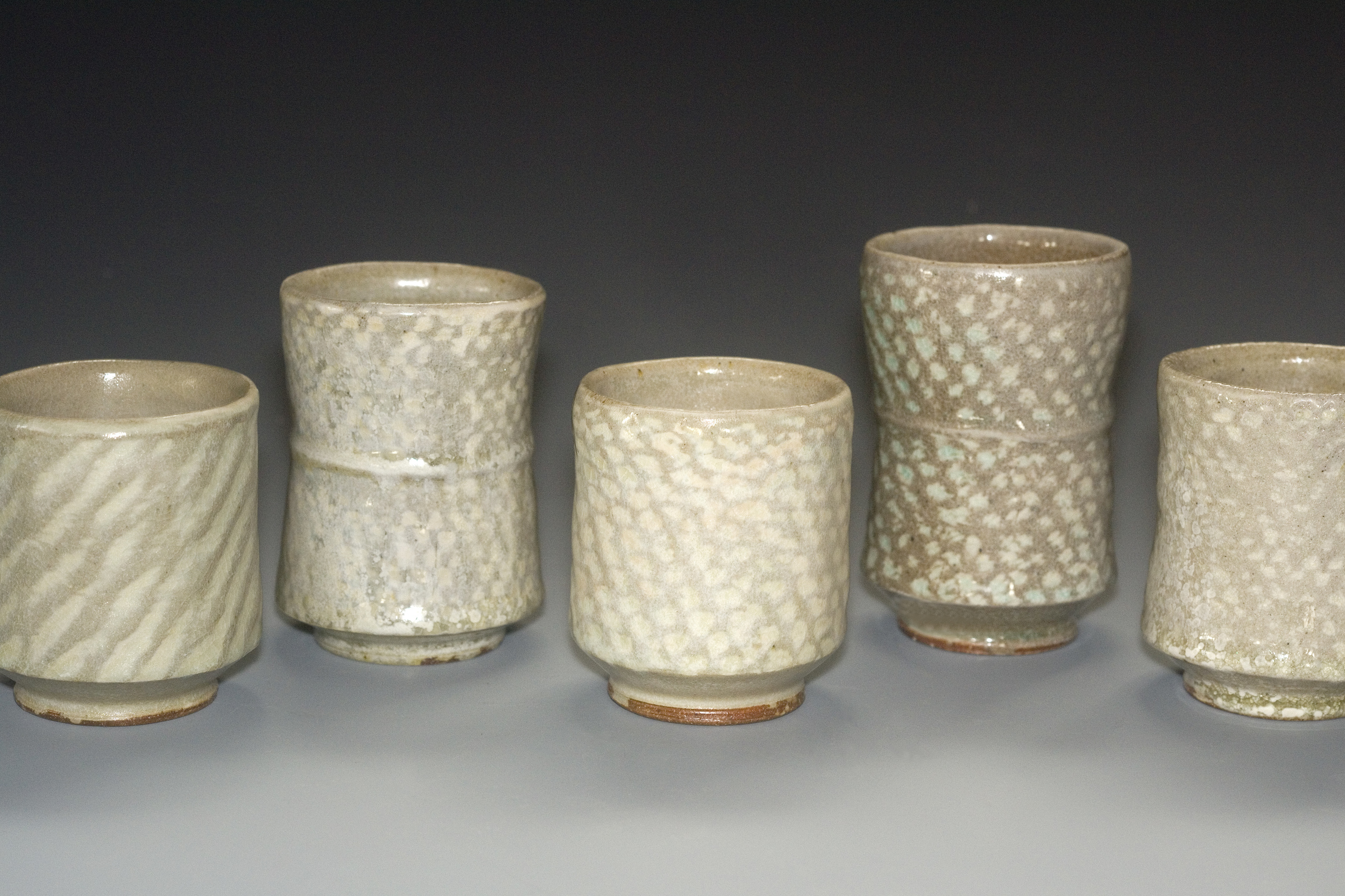 Mark Shapiro, Rope impressed cup group, wood fired, salt-glazes stoneware, 4.25''