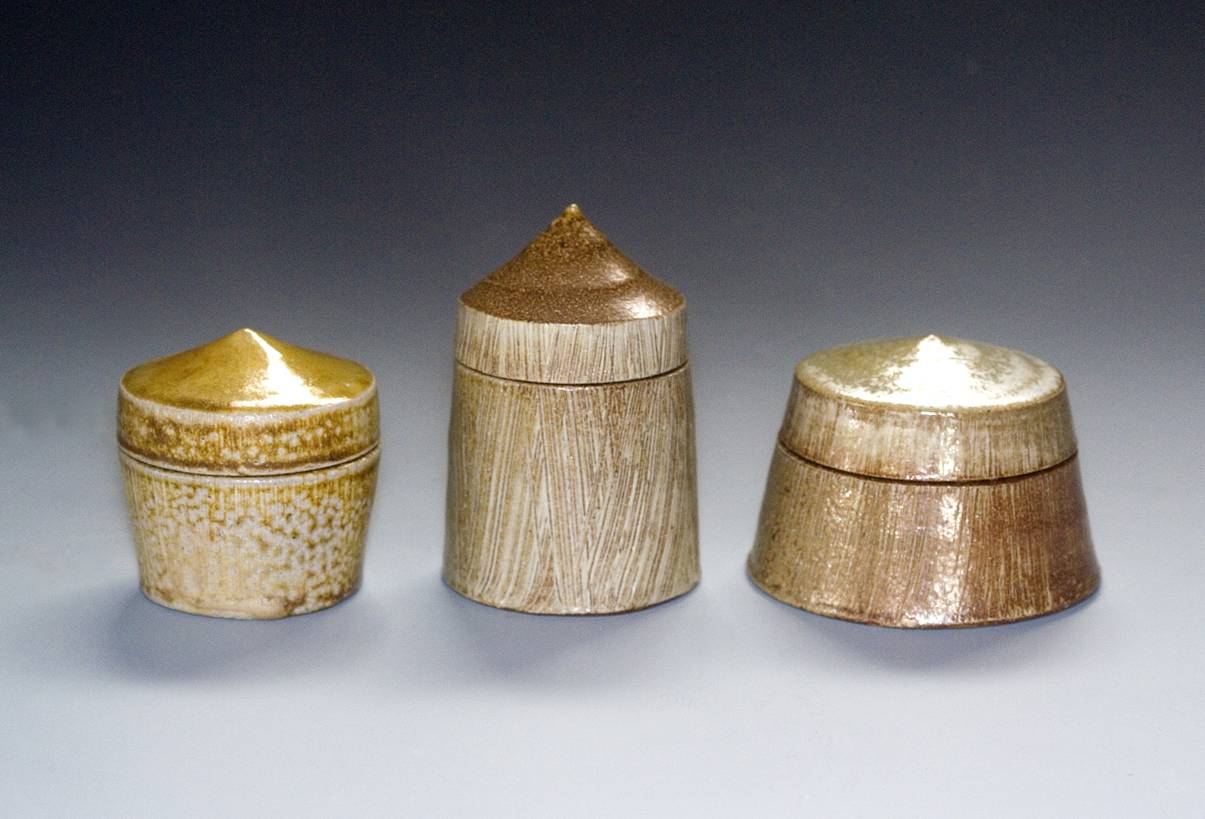 Mark Shapiro, Three Covered Boxes, wood fired, slat-glazed&nbsp;stoneware, 4''