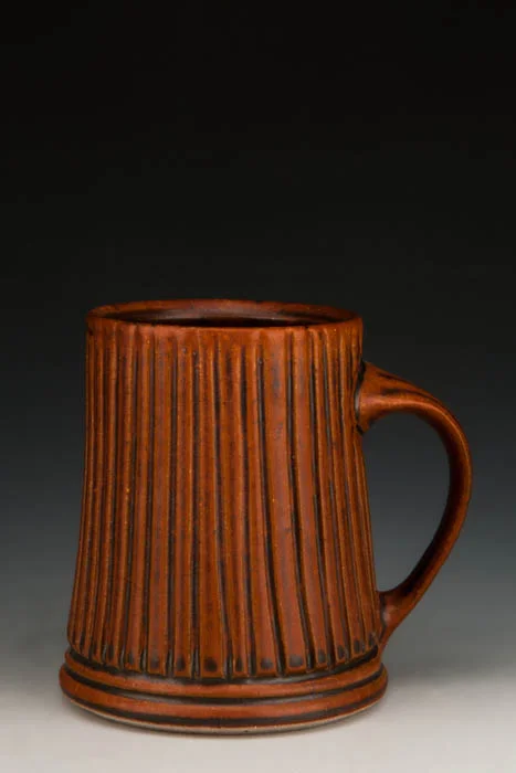 Ellen Shankin, Red carved mug,&nbsp;&nbsp;Stoneware, wheel thrown, satin mats and earthenware slip glazes, cone 9, 4x3'', 2015