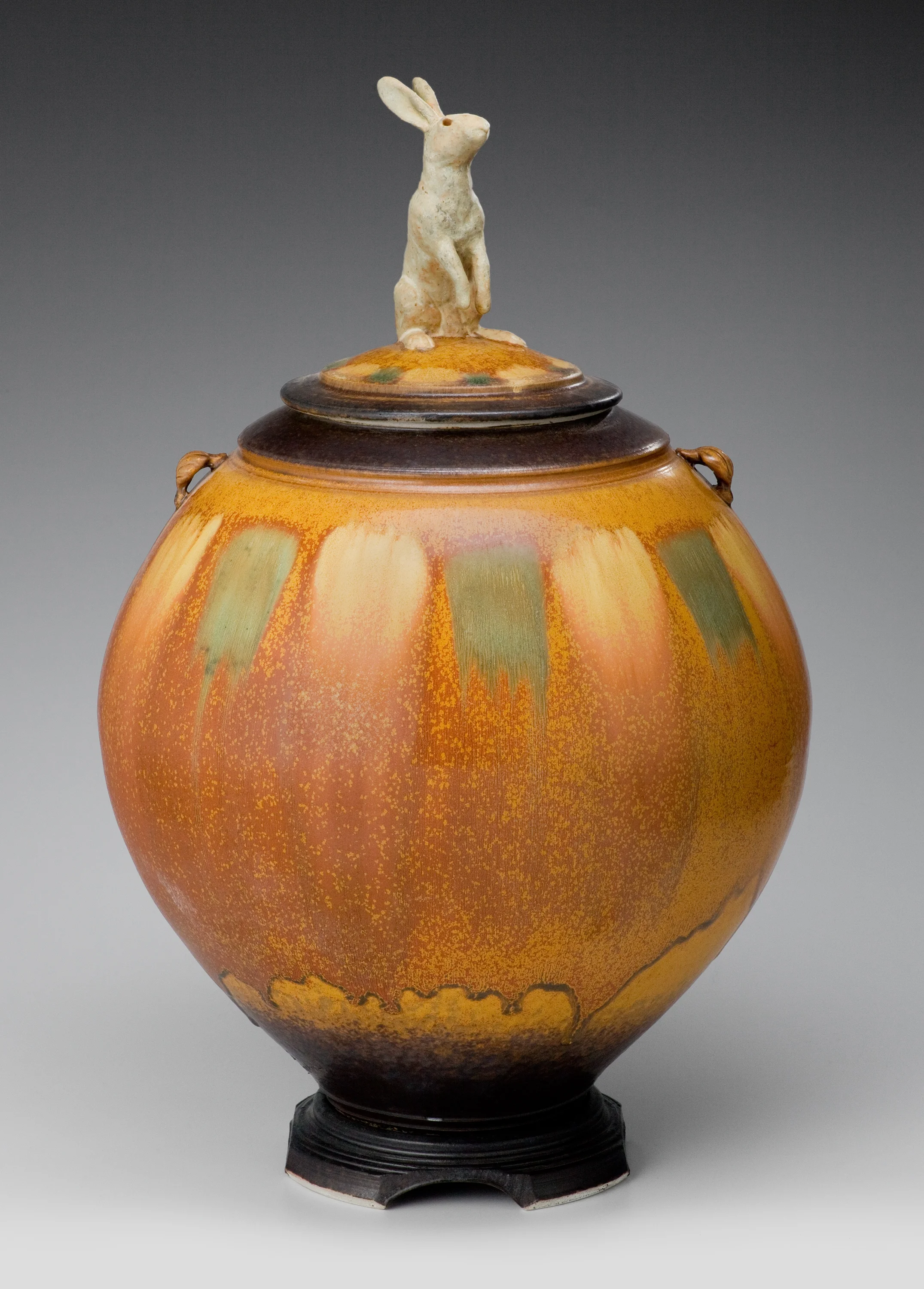 Richard Aerni, Stutz Jar, White Stoneware, wheel thrown, Crystalline and stoneware glaze, Hare sculpted by Carolyn Dilcher, cone 10, 24x16'', 2015