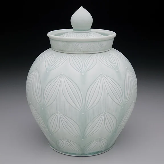 Adam Field, 2014, Porcelain, wheel thrown with incised pattern and celadon glazes, cone 10, 10x9x9''