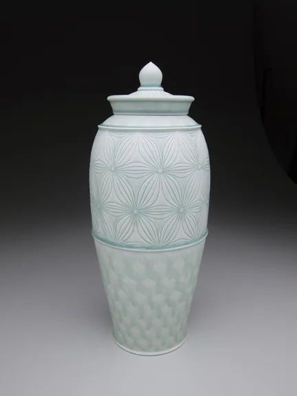 Adam Field, 2014, Porcelain, wheel thrown with incised pattern and celadon glazes, cone 10, 18x9x9''