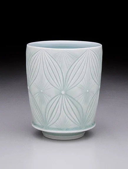 Adam Field, 2015, Porcelain, wheel thrown with incised pattern and celadon glazes, cone 10, 4.5x3.5x3.5''