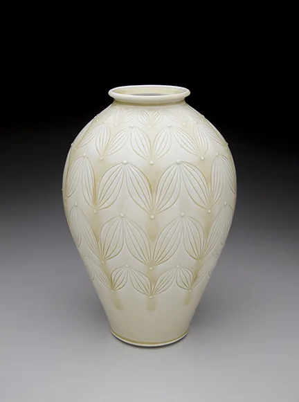 Adam Field, 2015, Porcelain, wheel thrown with incised pattern and celadon glazes, cone 10, 12.5x8x8''
