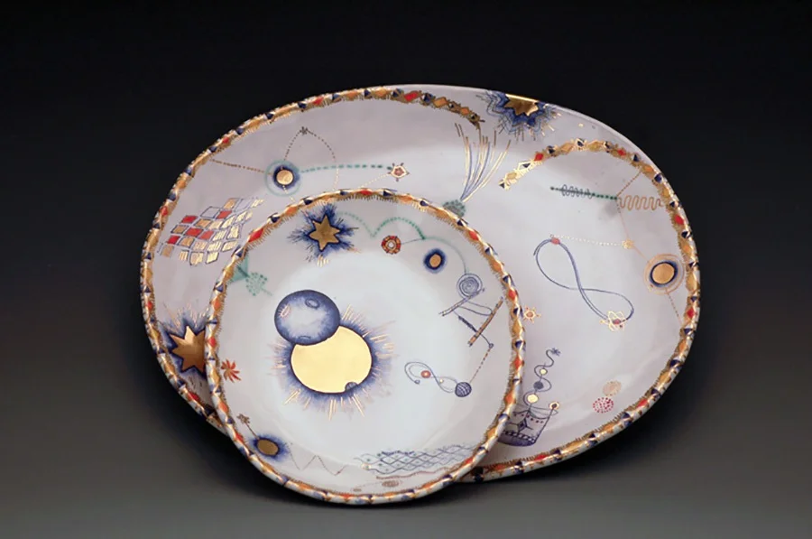 Liz Quackenbush, Cosmic Dinnerware,&nbsp;2014, terracotta, majolica glaze, gold luster, hand built, cone 04, 11x8.5x1.65''