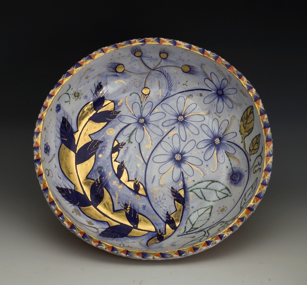 Liz Quackenbush, Large Low Bowl,&nbsp;&nbsp;2014, terracotta, majolica glaze, gold luster, hand built, cone 04, 14x14x4''