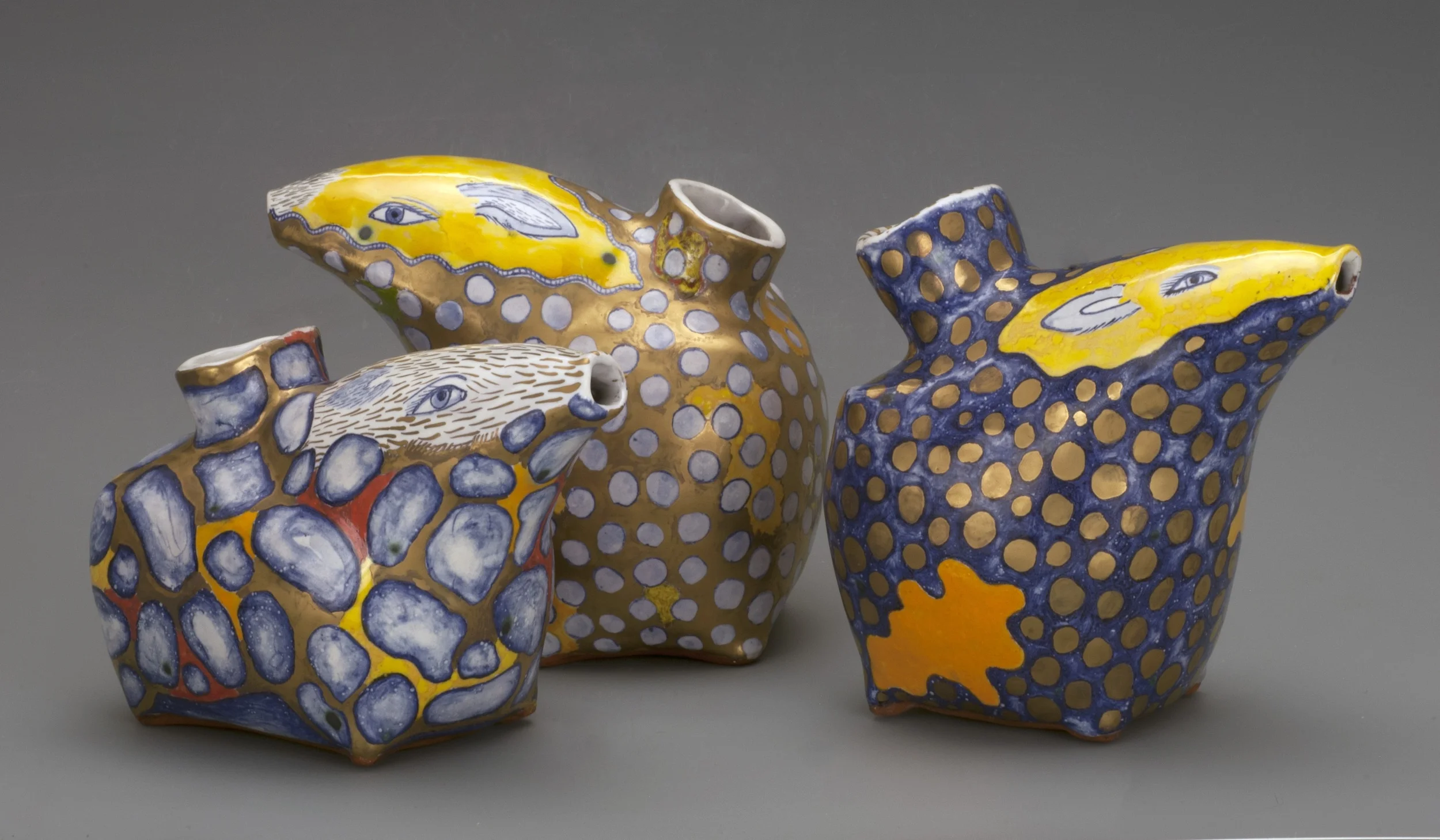 Liz Quackenbush, 3 Ewers,&nbsp;&nbsp;2014, terracotta, majolica glaze, gold luster, hand built, cone 04, 4.5x3.5x2.75''