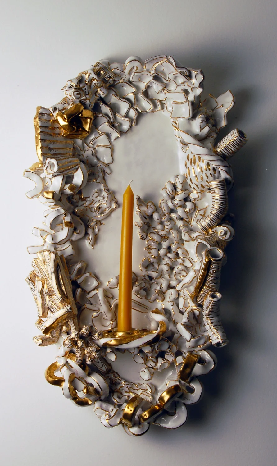 Liz Quackenbush, Pile Sconce,&nbsp;&nbsp;2014, terracotta, majolica glaze, gold luster, hand built, cone 04, 17x8.75x3.75