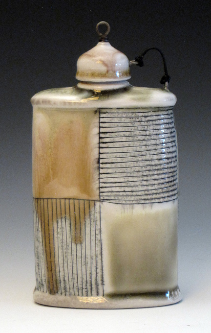 Lorna Meaden, Pocket Flask, Soda Fired Porcelain, wheel thrown and altered with slip inlay, 5x3.5x1'', 2015